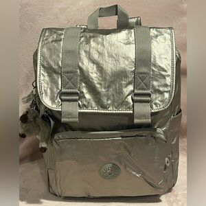 Kipling Metallic Silver Beige Backpack with Front Pocket Large new with tags